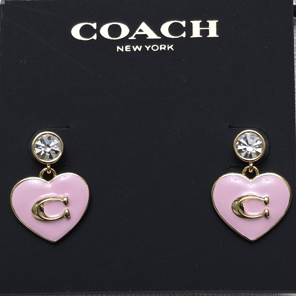 Coach Enamel Signature Heart Drop Earrings